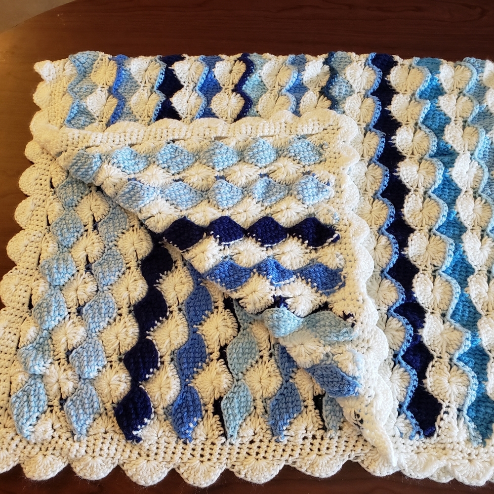 💙Beautiful One of A Kind Handmade Tunisian Crocheted Blues & White Blanket💙 - Picture 3 of 4